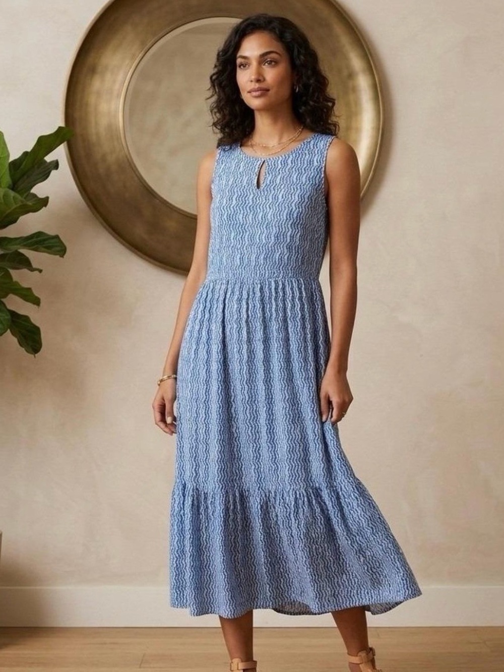 Chicos Blue White Tiered Chevron Jersey Knit Maxi Dress Size 0 or small. EUC